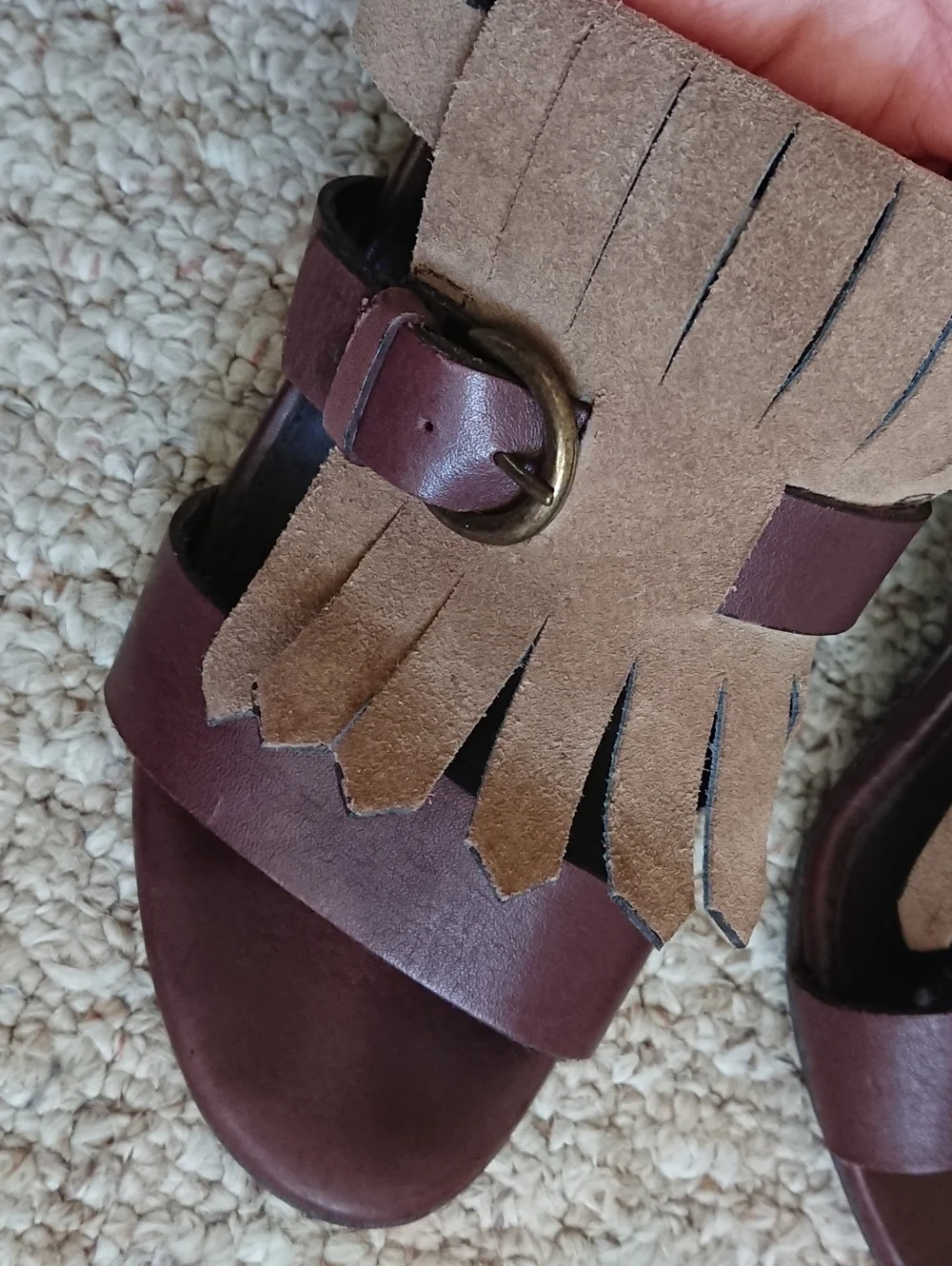 MINELLI Brown Leather with Suede fringe strap Block Heel Sandals size 8